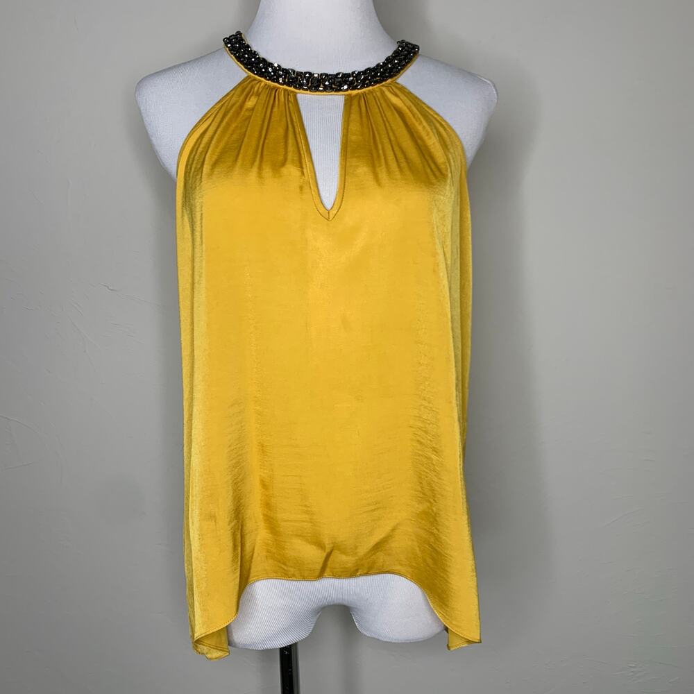 Gold Silky Rhinestone Embellished Neck Blouse XXS